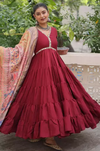 Maroon festive wear designer roman mirror lace & dori jal lace work readymade suit