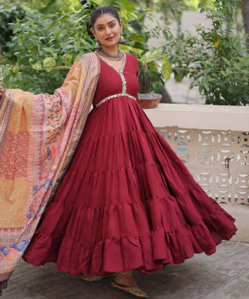 Maroon festive wear designer roman mirror lace & dori jal lace work readymade suit