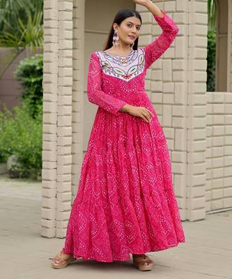 Pink festive wear designer faux georgette embroidery thread work with real mirror work readymade suit 2