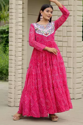 Pink festive wear designer faux georgette embroidery thread work with real mirror work readymade suit