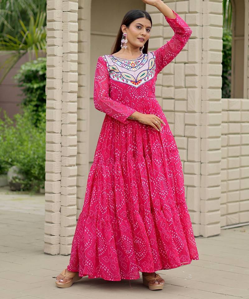 Pink festive wear designer faux georgette embroidery thread work with real mirror work readymade suit