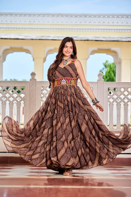 Brown festive wear designer bandhni print in faux georgette gamathi work with real mirror work readymade suit 1