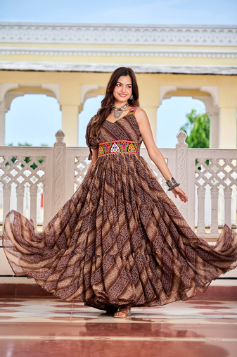 Brown festive wear designer bandhni print in faux georgette gamathi work with real mirror work readymade suit
