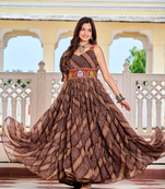 Brown festive wear designer bandhni print in faux georgette gamathi work with real mirror work readymade suit