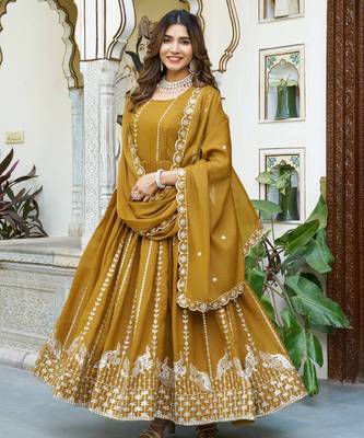 Yellow festive wear designer star georgette heavy 7mm sequence embroidery work readymade suit 1