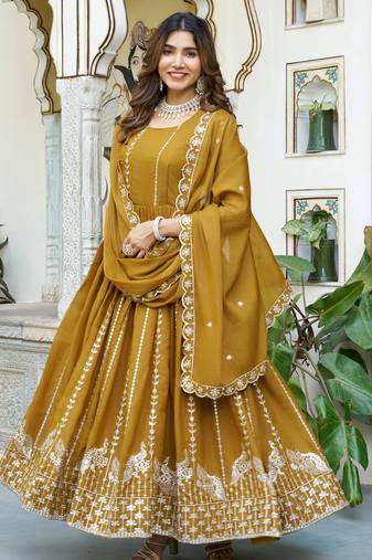 Yellow festive wear designer star georgette heavy 7mm sequence embroidery work readymade suit