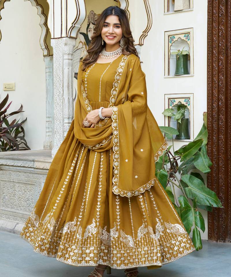 Yellow festive wear designer star georgette heavy 7mm sequence embroidery work readymade suit