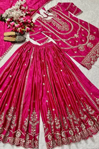 Pink festive wear designer pure heavy chinnon silk  readymade suit