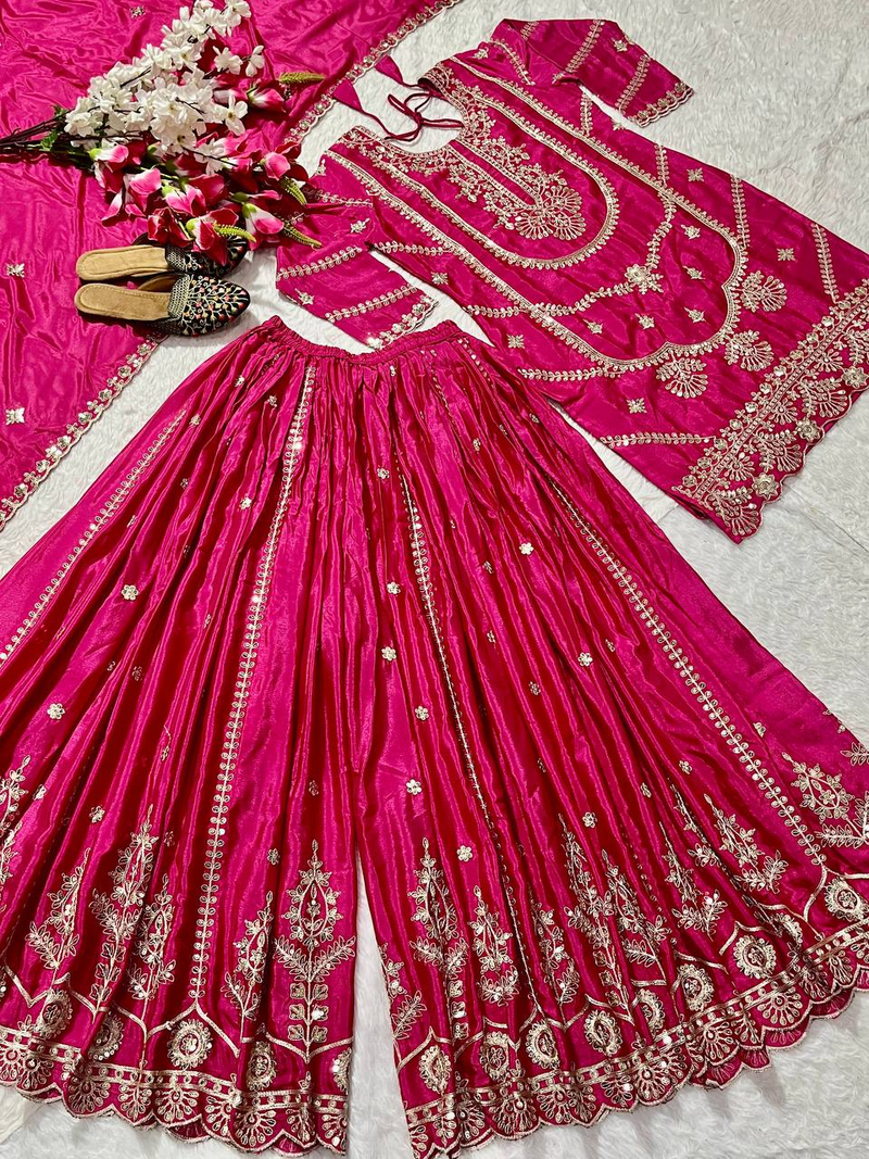 Pink festive wear designer pure heavy chinnon silk  readymade suit