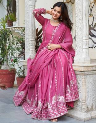 Pink festive wear designer star georgette heavy 7mm sequence embroidery work readymade suit 1