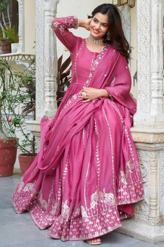 Pink festive wear designer star georgette heavy 7mm sequence embroidery work readymade suit