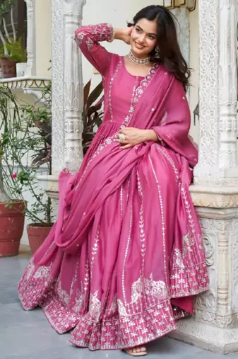 Pink festive wear designer star georgette heavy 7mm sequence embroidery work readymade suit