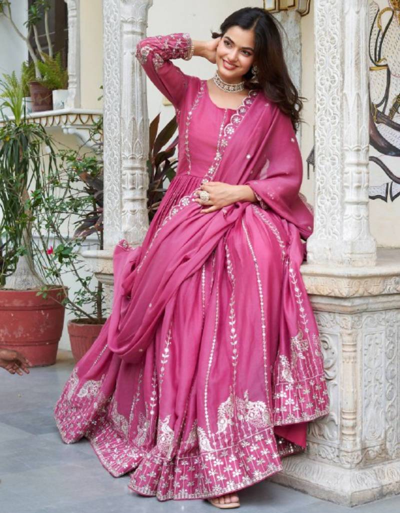 Pink festive wear designer star georgette heavy 7mm sequence embroidery work readymade suit