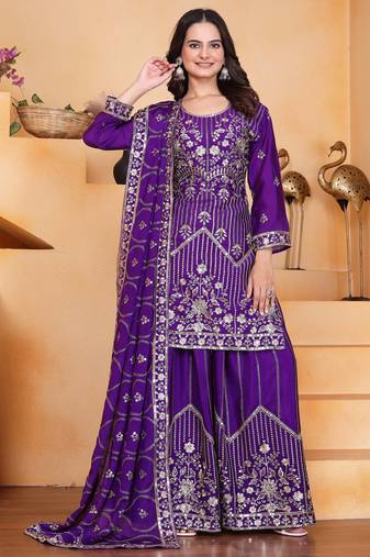 Purple festive wear designer chinon silk sequence embroidery work readymade suit