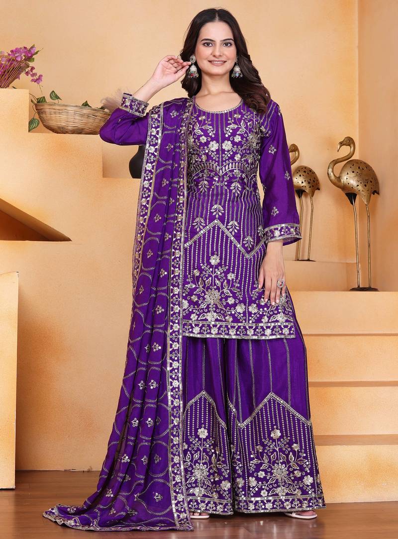 Purple festive wear designer chinon silk sequence embroidery work readymade suit