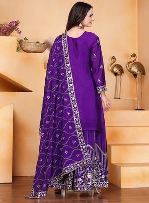 Purple festive wear designer chinon silk sequence embroidery work readymade suit 2
