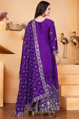 Purple festive wear designer chinon silk sequence embroidery work readymade suit