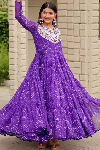 Purple festive wear designer faux georgette embroidery thread work with real mirror work readymade suit