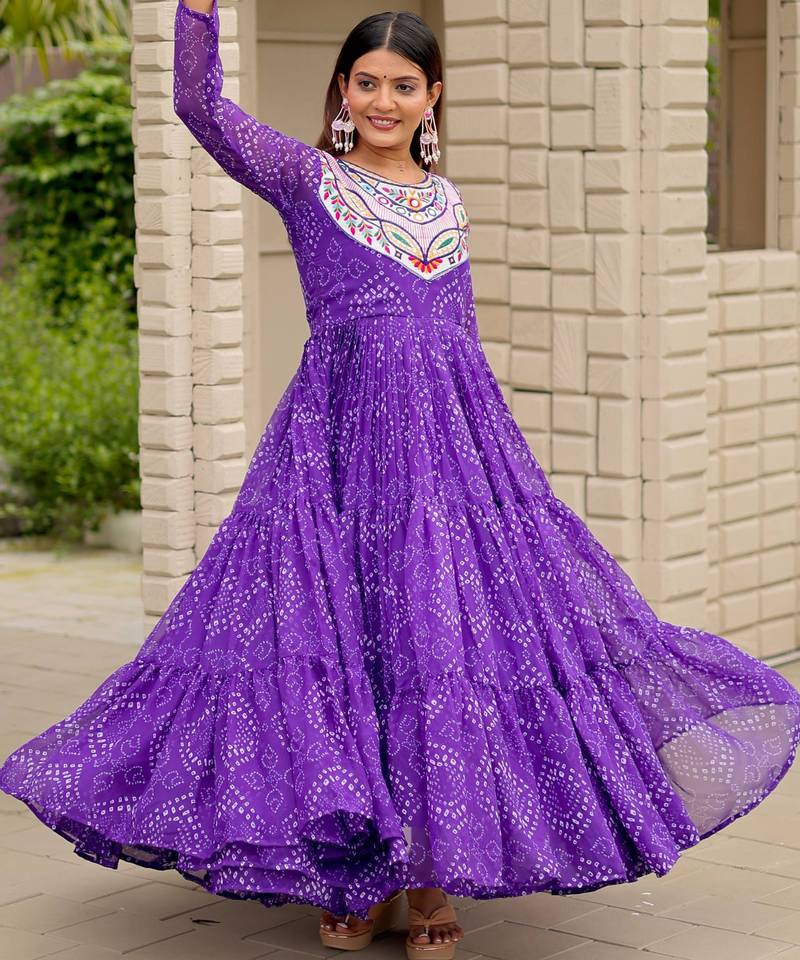 Purple festive wear designer faux georgette embroidery thread work with real mirror work readymade suit