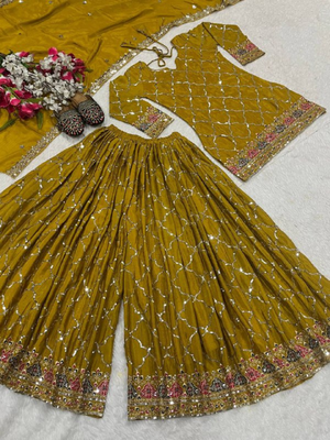 Yellow festive wear designer heavy chinnon silk  readymade suit 4