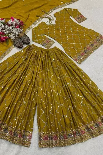 Yellow festive wear designer heavy chinnon silk  readymade suit