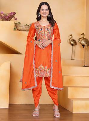 Orange festive wear designer chinon coding sequence embroidery work readymade suit 1