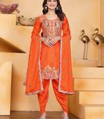 Orange festive wear designer chinon coding sequence embroidery work readymade suit