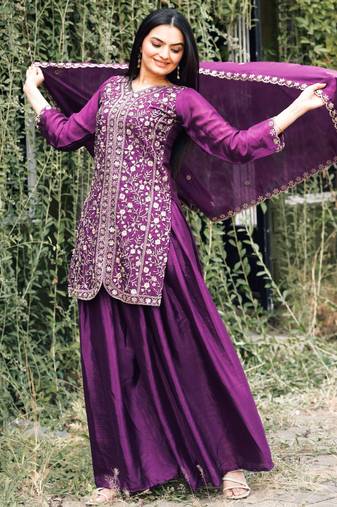 Wine festive wear designer chinon sequence embroidery work readymade suit
