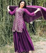 Wine festive wear designer chinon sequence embroidery work readymade suit