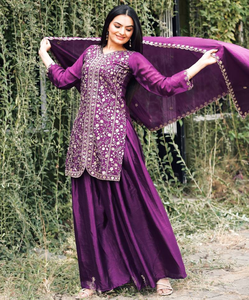 Wine festive wear designer chinon sequence embroidery work readymade suit