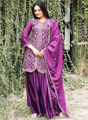 Wine festive wear designer chinon sequence embroidery work readymade suit 2