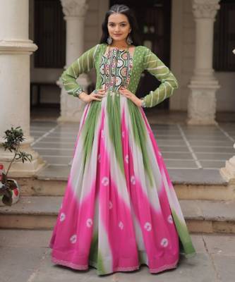 Multi festive wear designer faux georgette bandhej  embroidery mirror work readymade suit 1
