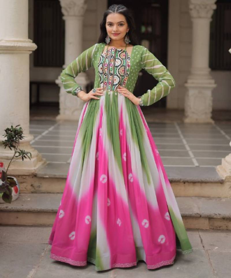 Multi festive wear designer faux georgette bandhej  embroidery mirror work readymade suit