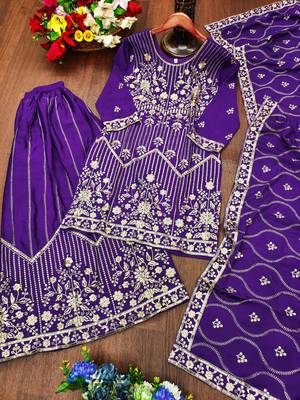 Purple festive wear designer chinon silk sequence embroidery work readymade suit 4