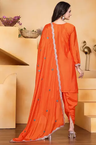 Orange festive wear designer chinon coding sequence embroidery work readymade suit
