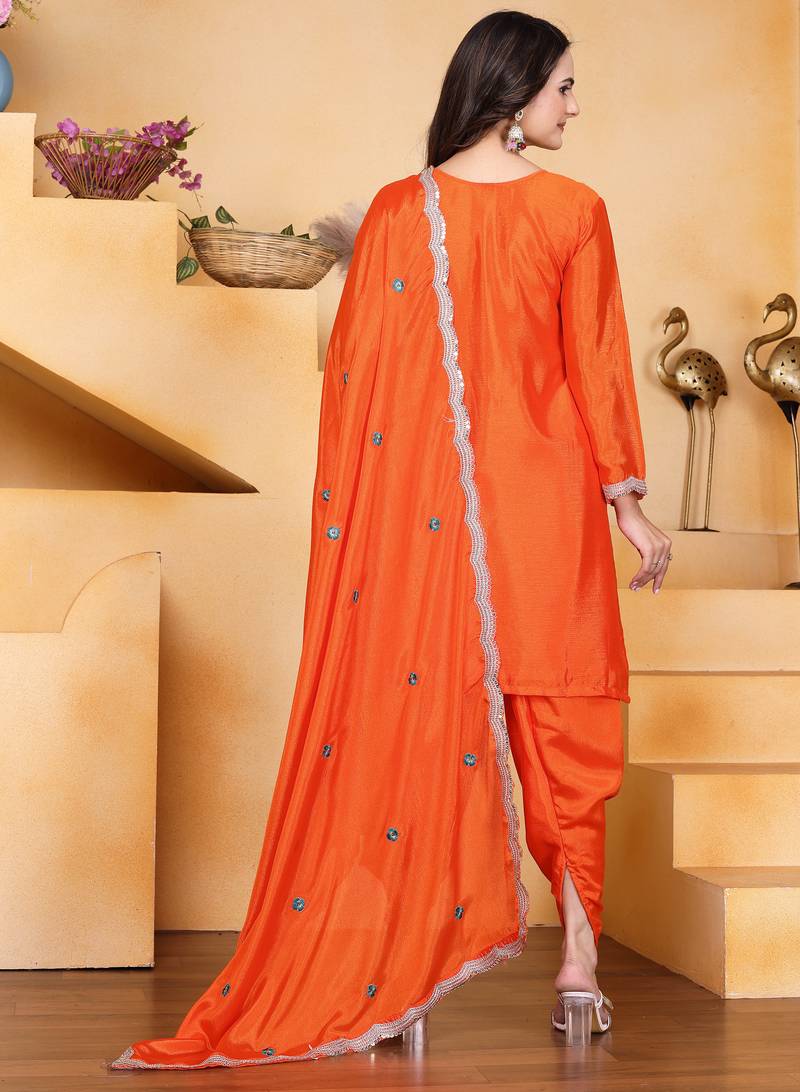 Orange festive wear designer chinon coding sequence embroidery work readymade suit
