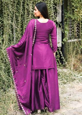 Wine festive wear designer chinon sequence embroidery work readymade suit 3