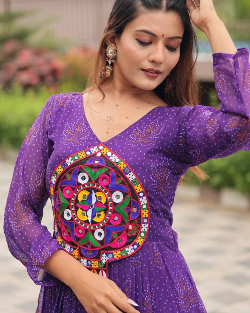 Purple festive wear designer faux georgette gamathi work with real mirror work readymade suit