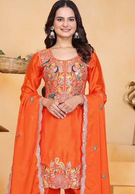 Orange festive wear designer chinon coding sequence embroidery work readymade suit 3