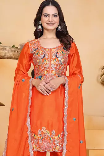 Orange festive wear designer chinon coding sequence embroidery work readymade suit