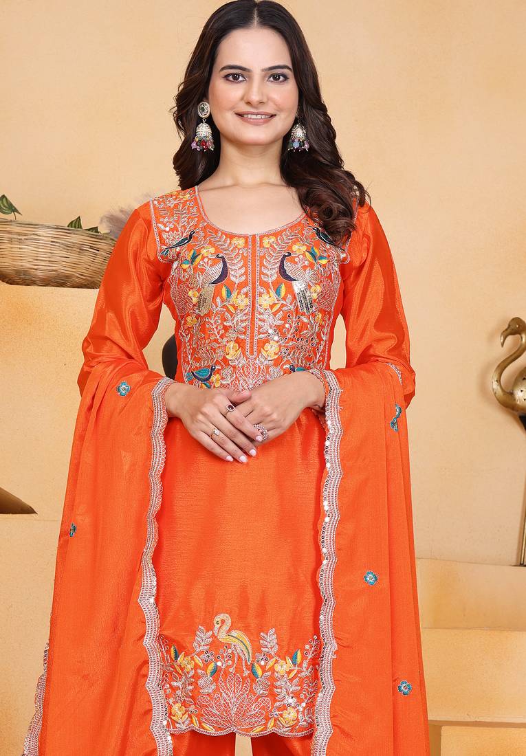 Orange festive wear designer chinon coding sequence embroidery work readymade suit