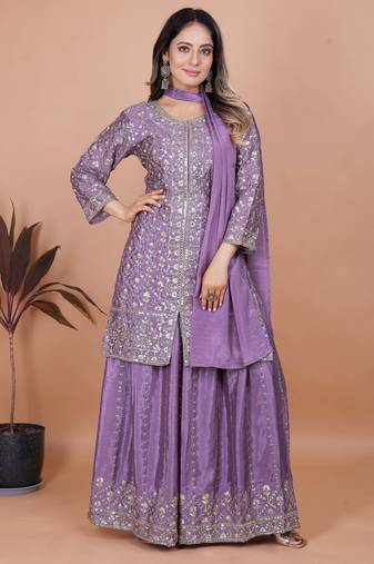 Lavender festive wear designer chinon sequence embroidery work readymade suit