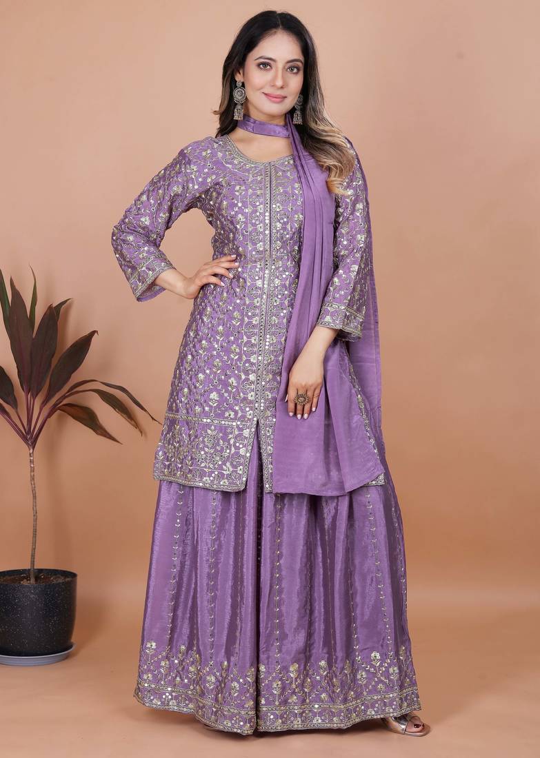Lavender festive wear designer chinon sequence embroidery work readymade suit
