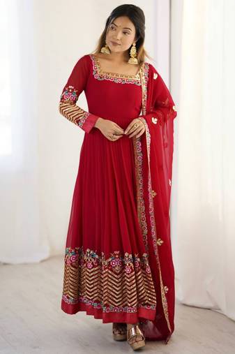 Red festive wear designer heavy georgette heavy multi thread 5mm embroidery sequence work readymade suit