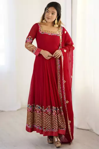 Red festive wear designer heavy georgette heavy multi thread 5mm embroidery sequence work readymade suit