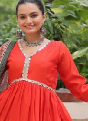Orange festive wear designer roman mirror lace & dori jal lace work readymade suit 1