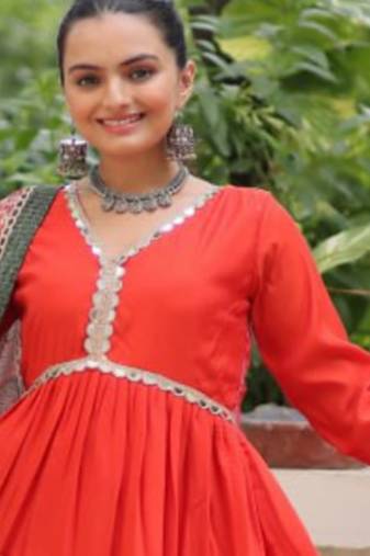 Orange festive wear designer roman mirror lace & dori jal lace work readymade suit