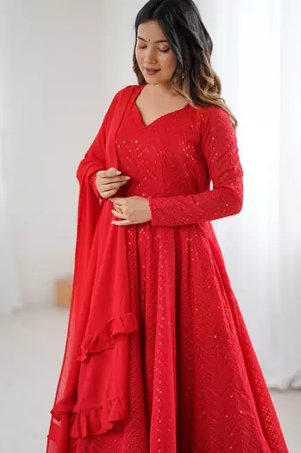 Red festive wear designer pure soft faux georgette lukhnowi sequence work readymade suit