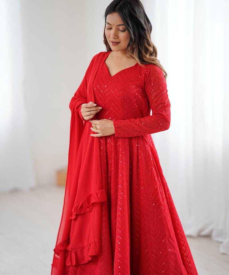 Red festive wear designer pure soft faux georgette lukhnowi sequence work readymade suit