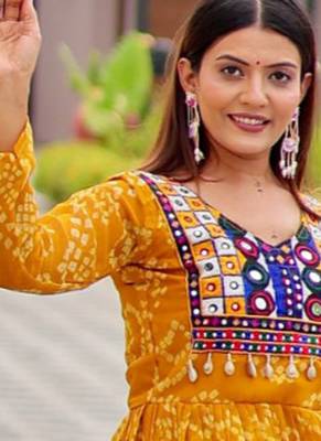 Yellow festive wear designer faux georgette embroidery thread work with real mirror & codi lace readymade suit 3